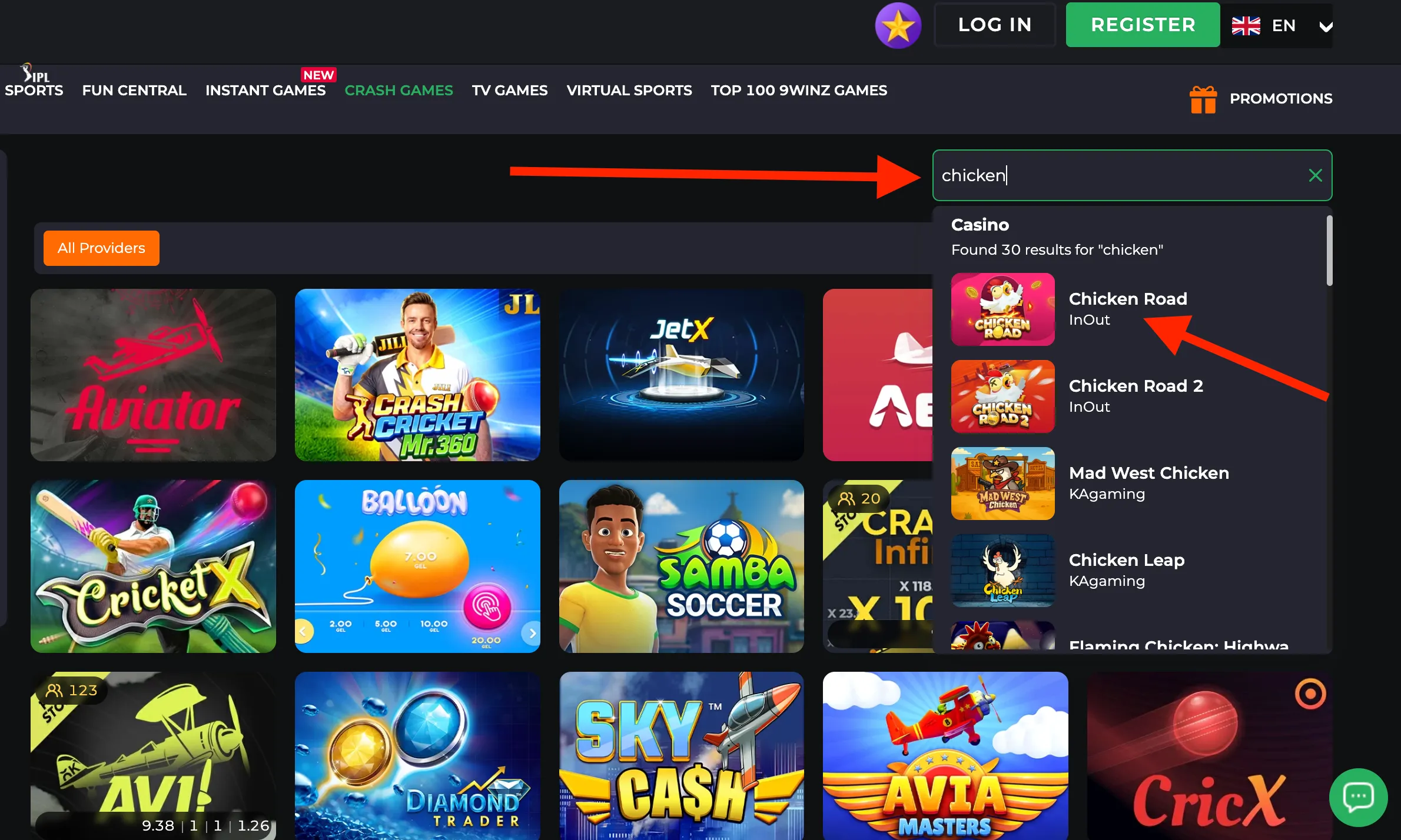 Game search results in casino lobby