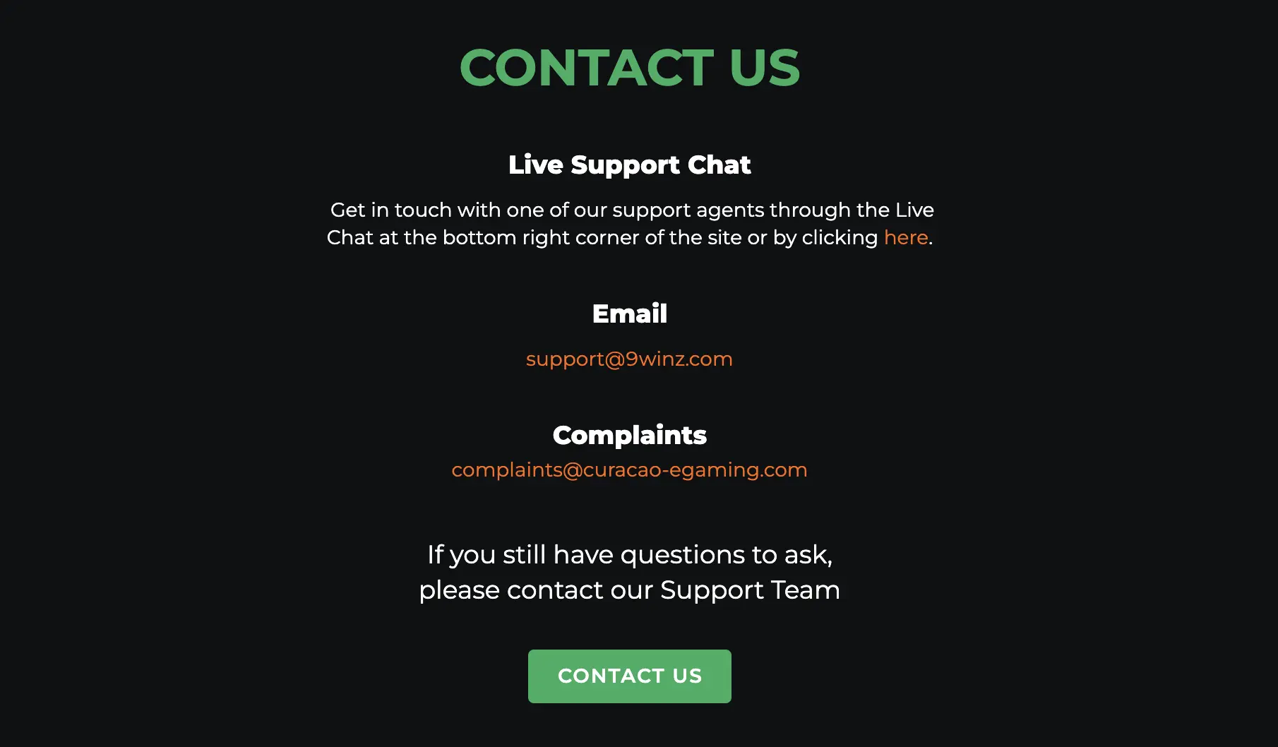 Casino support contacts screenshot