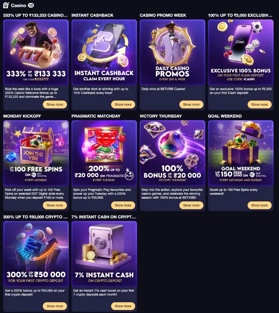 Betvibe Casino full promotions page with ten bonus tiles including instant cashback, crypto offers, and weekly reload deals.