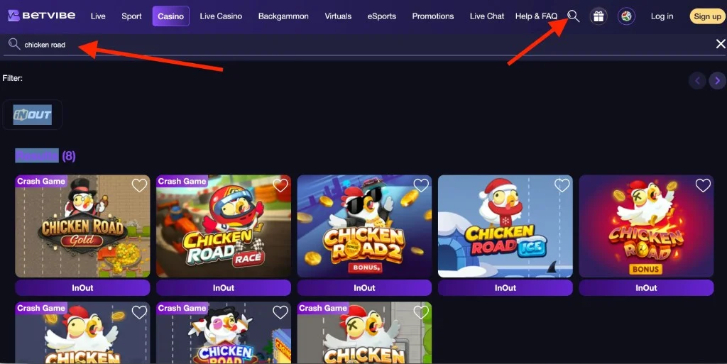 Betvibe Casino search results for chicken road showing eight InOut crash games including Chicken Road Gold and Race.