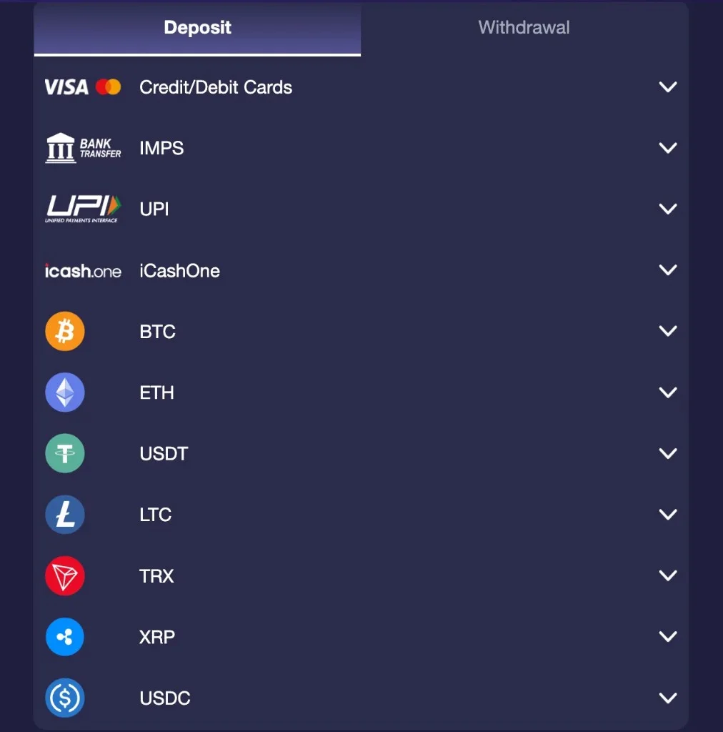 Betvibe Casino deposit screen listing UPI, IMPS, cards, iCashOne, and cryptocurrency options.