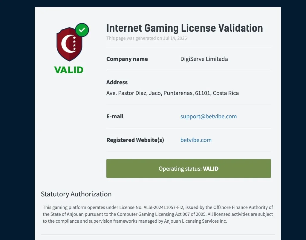 Betvibe Internet Gaming License Validation page showing VALID status for DigiServe Limited under Anjouan license ALSI-202411057-FI2.