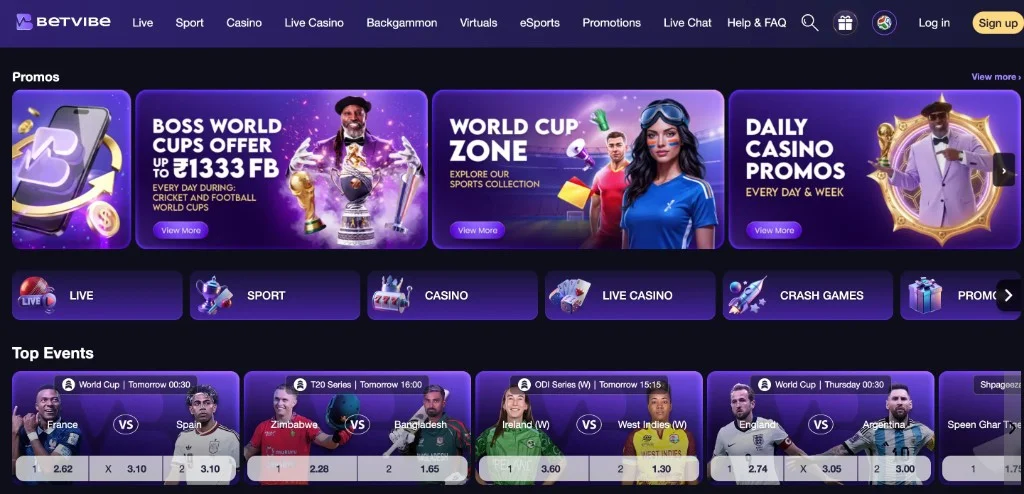 Betvibe Casino India homepage with promo carousel, crash games category, and top sports events.