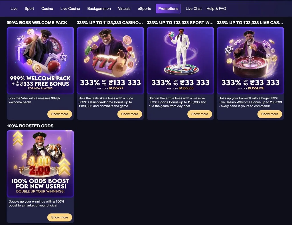 Betvibe Casino welcome promotions grid showing 999% BOSS Welcome Pack and 333% casino, sports, and live casino bonuses in INR.