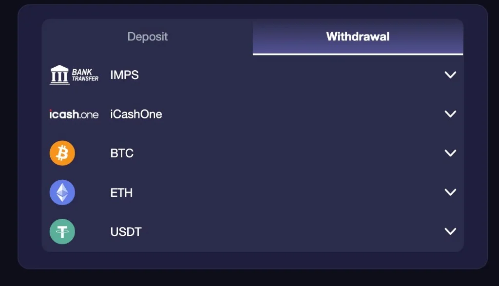 Betvibe Casino withdrawal tab with IMPS bank transfer, iCashOne, Bitcoin, Ethereum, and USDT options.