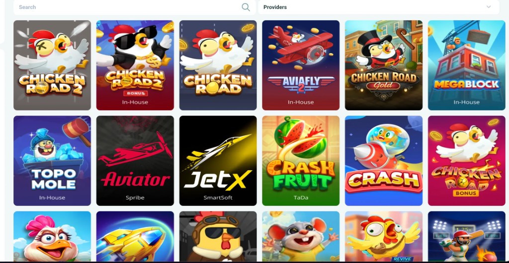 Search results for "chicken" on Cawa Banga showing Chicken Road 2, Vegas, and Shoot.