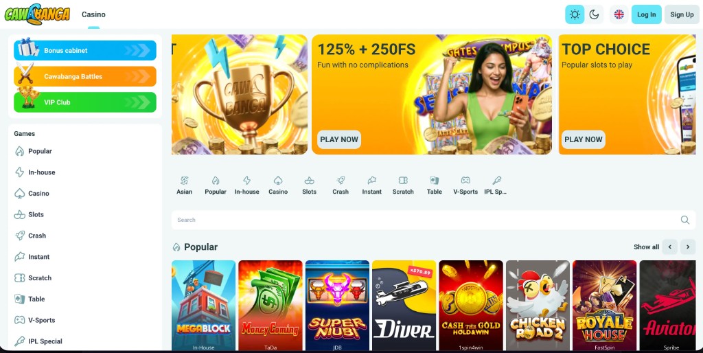 Cawa Banga casino main lobby featuring various crash games and slots.