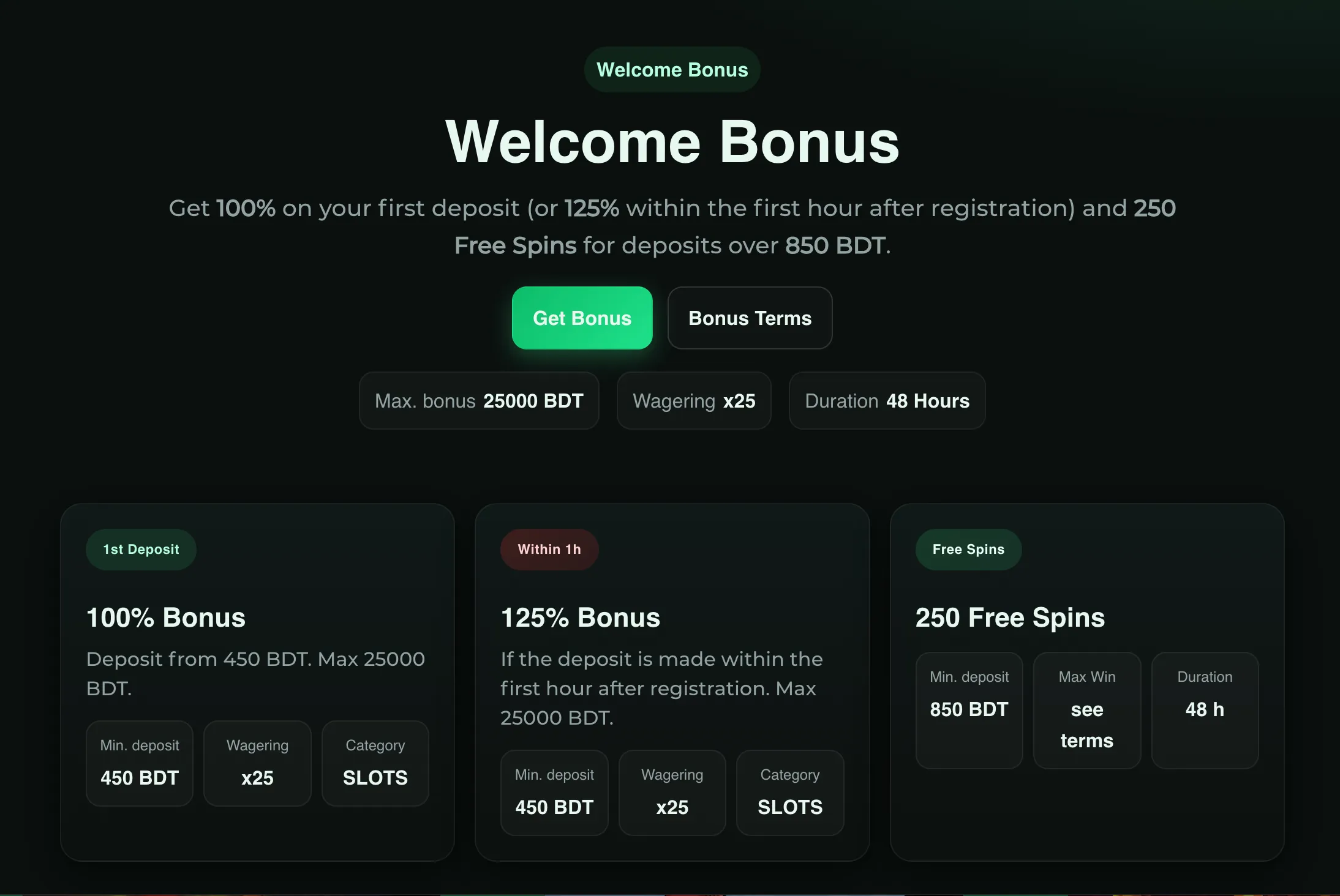 Crorewin Casino welcome bonus page showing 100% up to 25000 BDT and 250 Free Spins.