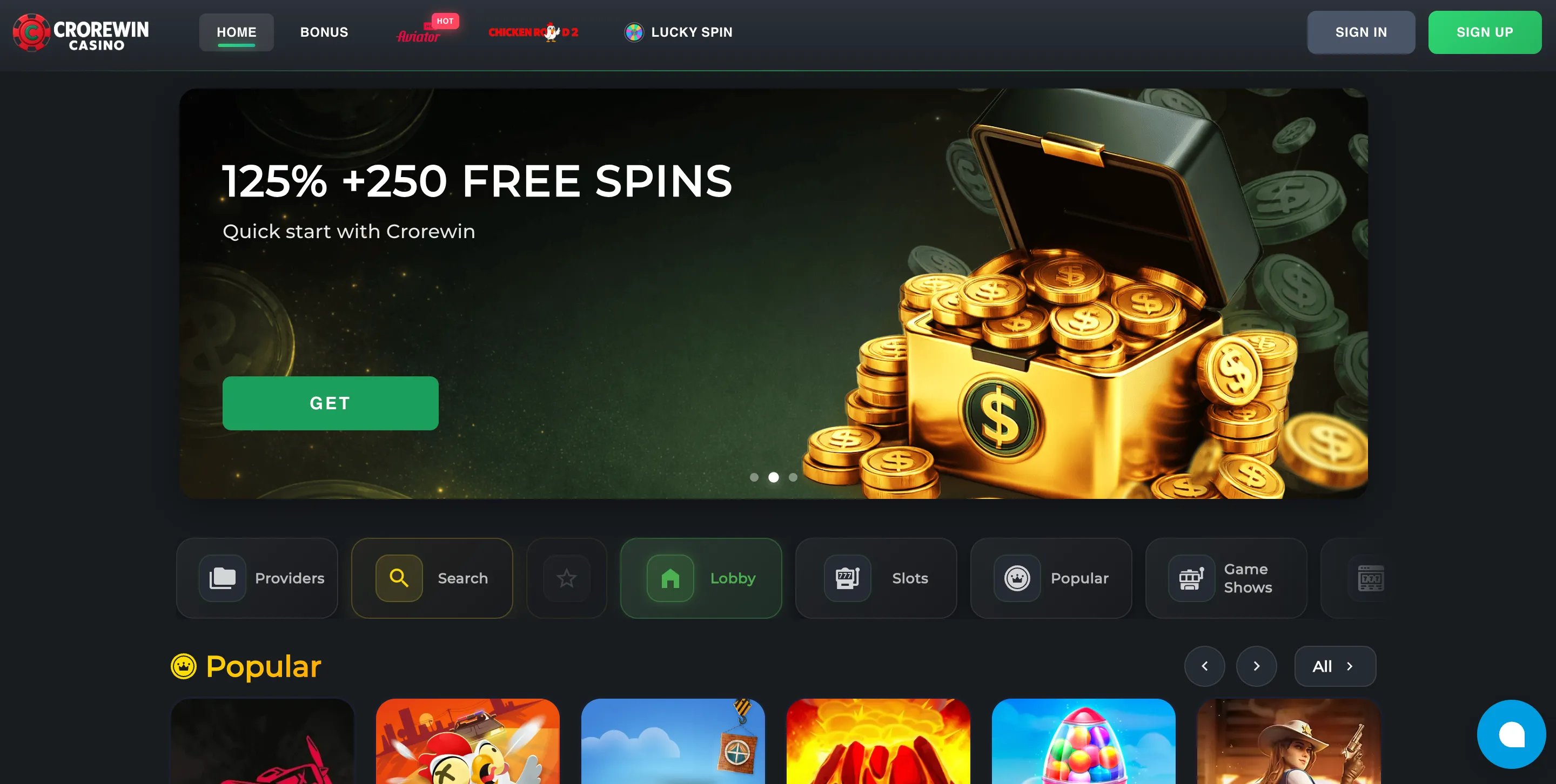 Crore Win Casino main page showing the lobby, welcome banners and game categories.