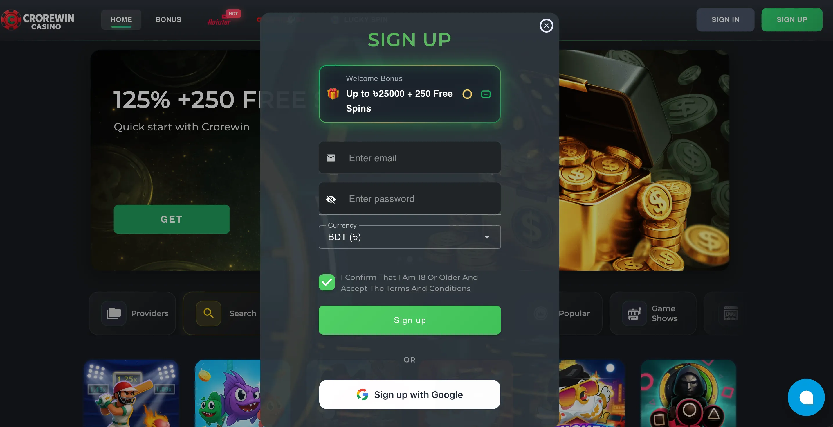 Crorewin Casino registration form for new players from Bangladesh