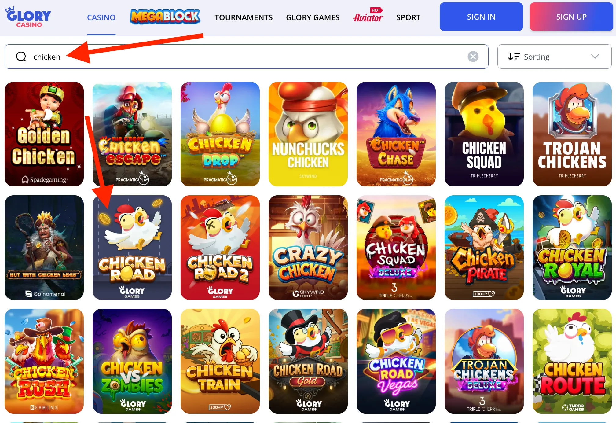 Search results for chicken on Glory Casino showing Chicken Road 2, Vegas, and Gold.