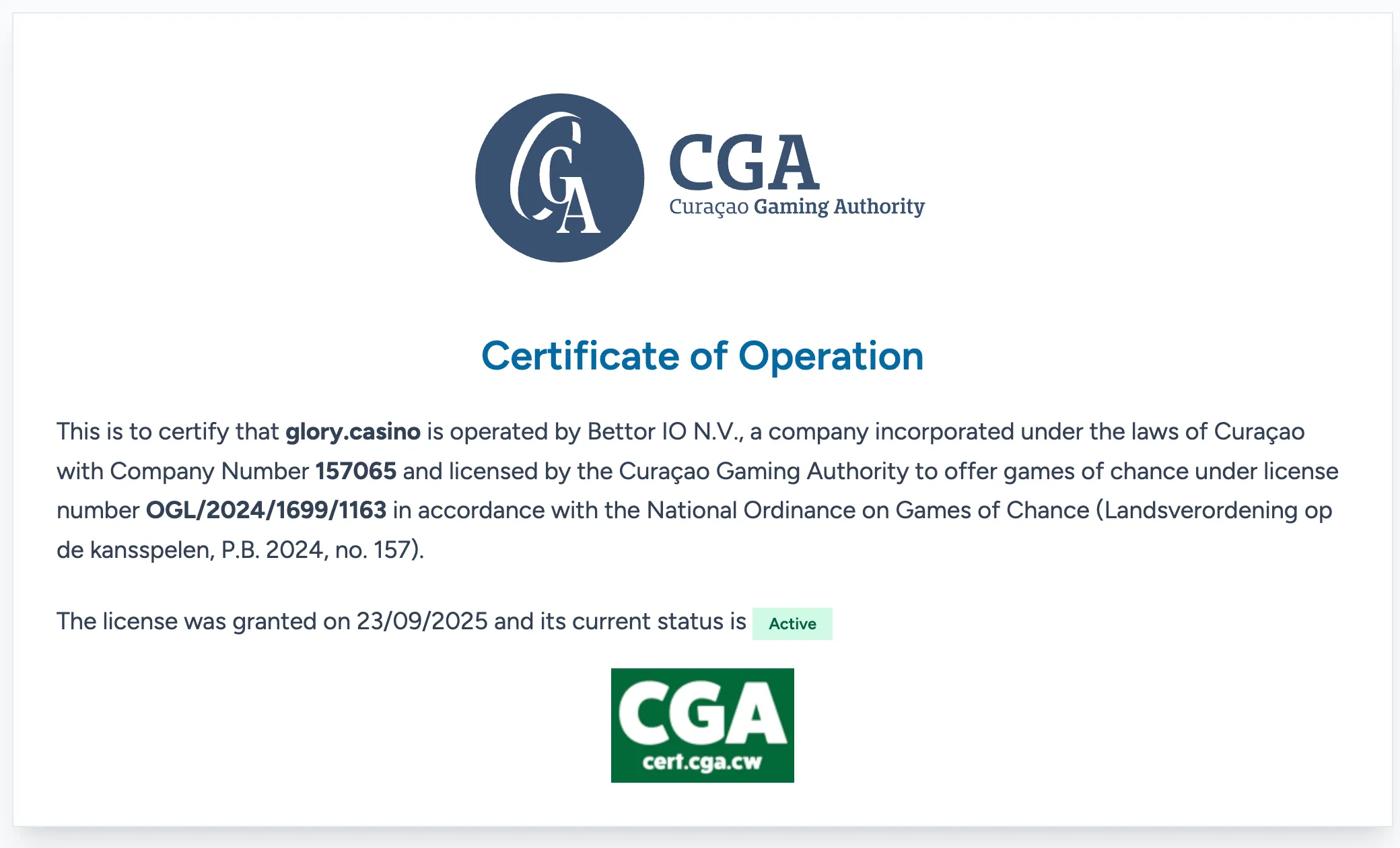 Glory Casino official gaming license from Curacao Gaming Authority.