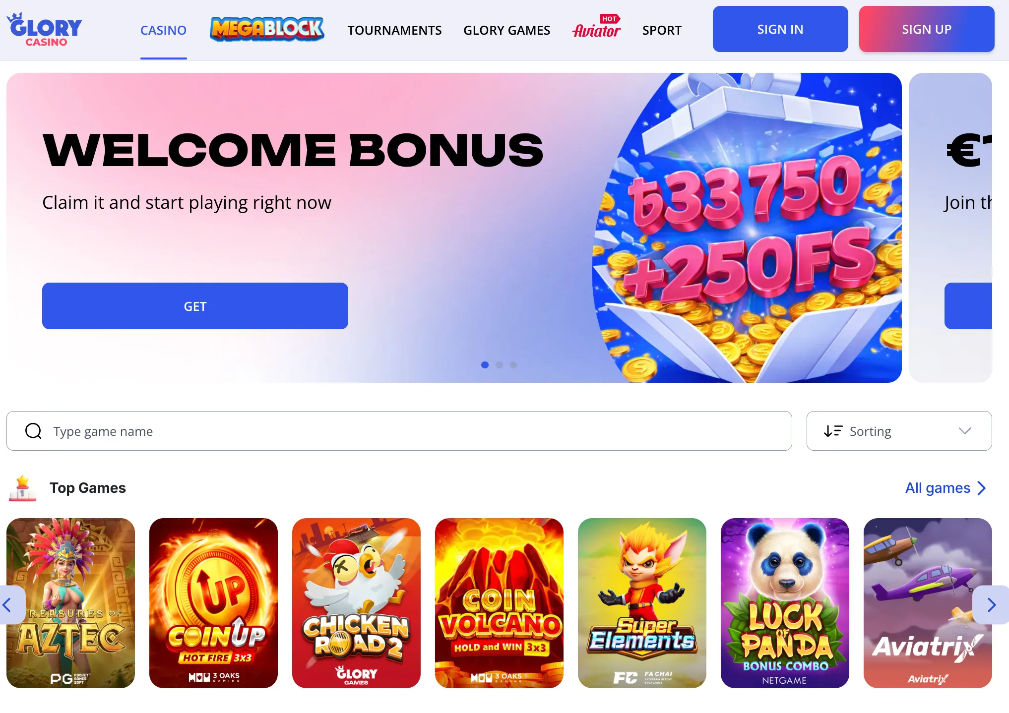 Glory Casino main lobby and banner showing 33,750 BDT and 250 free spins.