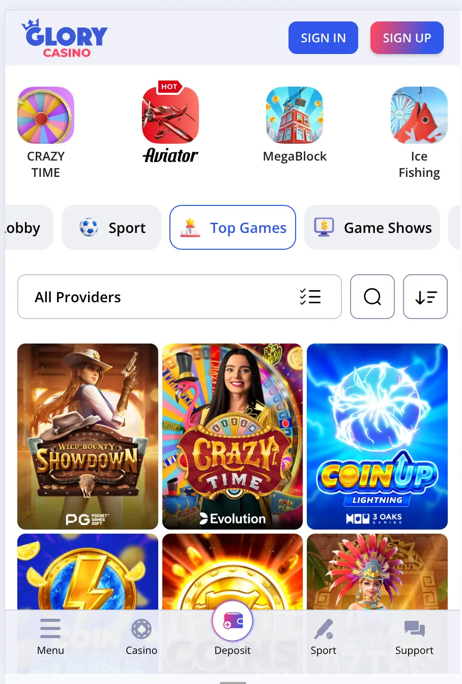 Glory Casino mobile browser version showing Chicken Road 2 game.