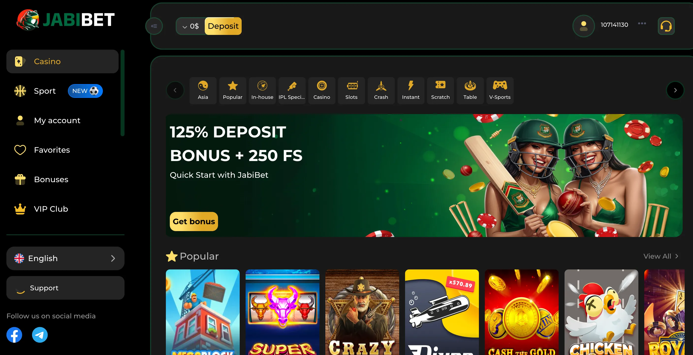 JabiBet casino main page with murgi games and current promotions.