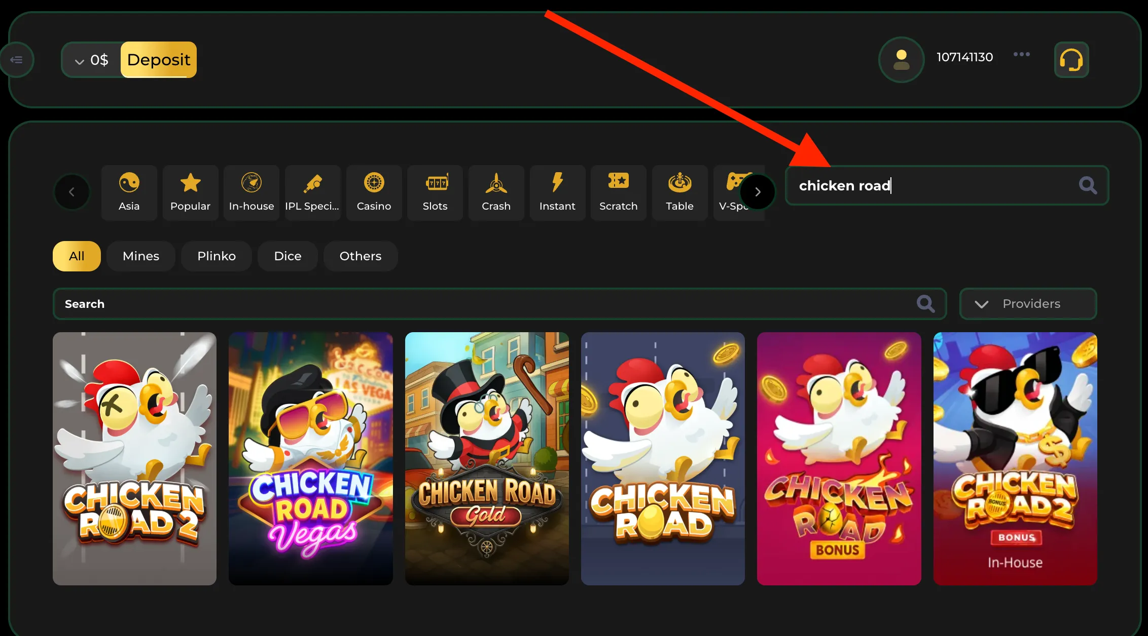 JabiBet search results showing the full Chicken Road game series.