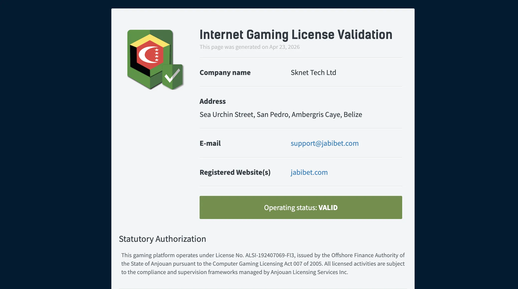 JabiBet official gaming license validation showing operating status VALID.