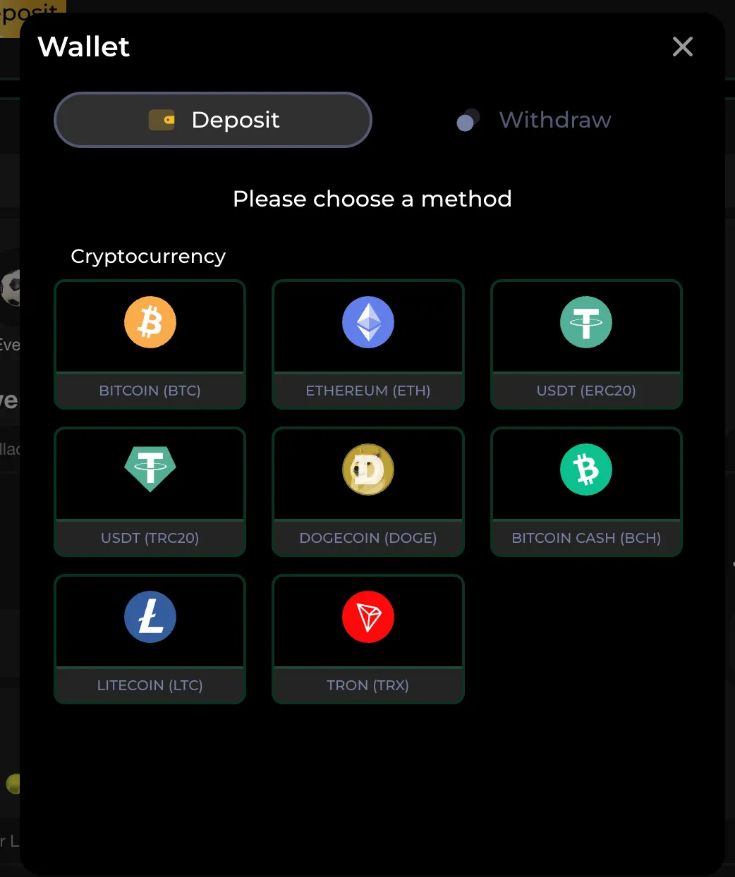 JabiBet deposit and withdrawal methods showing USDT, BTC, and TRX.