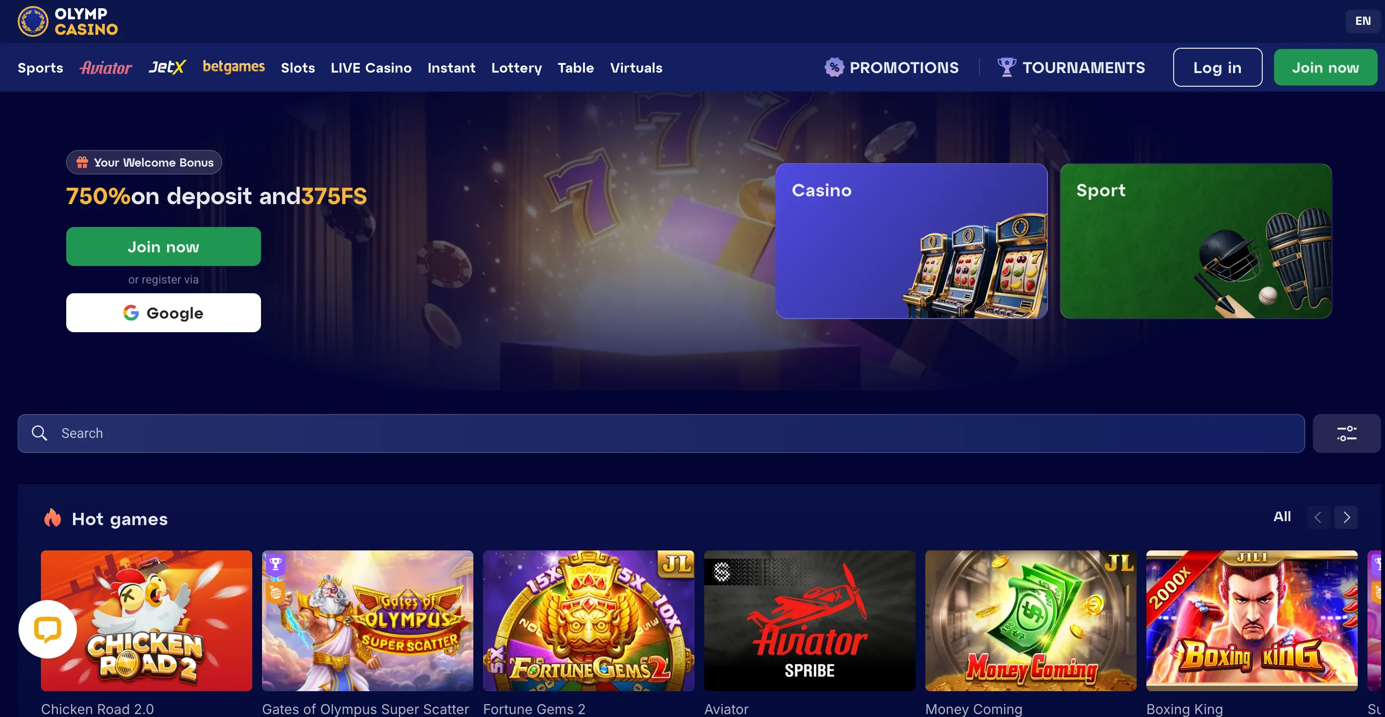 Olymp Casino BD main page showing 750% bonus and Chicken Road 2.0.
