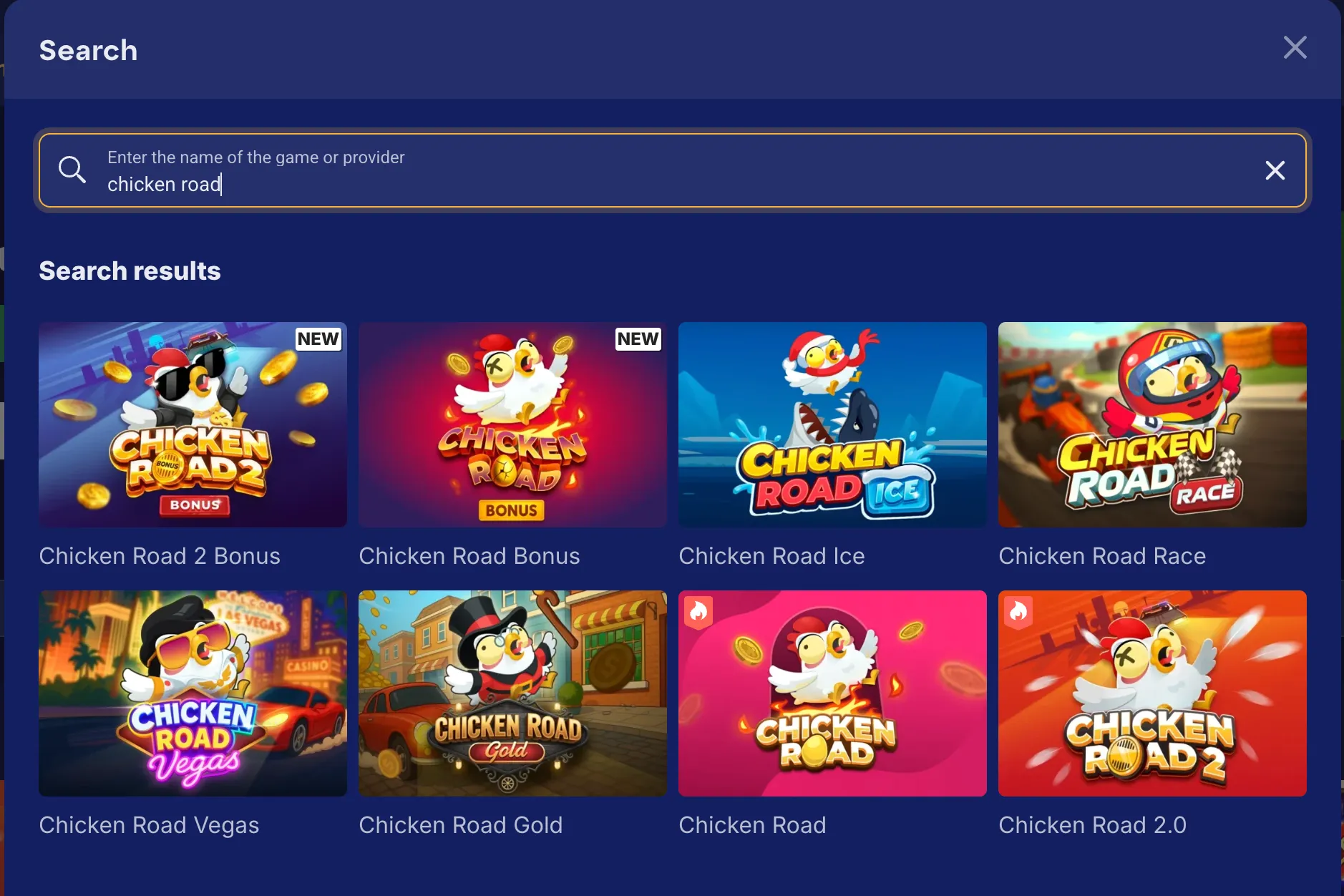 Search results for chicken road on Olymp Casino showing all versions like Vegas and Gold.