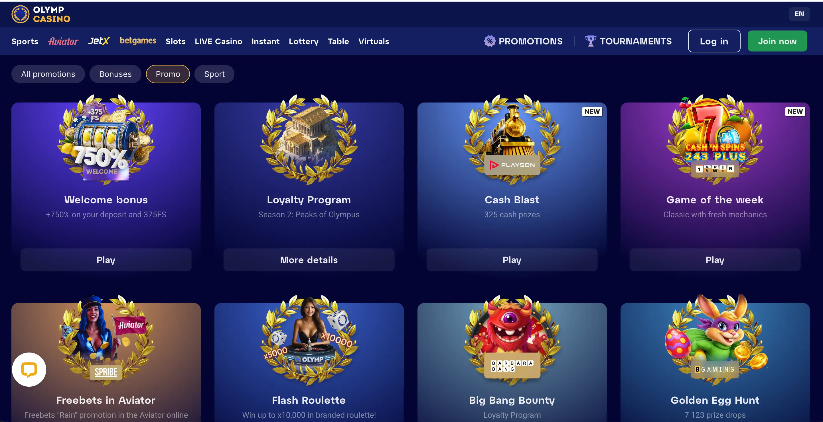 Olymp Casino promotions page showing Telegram bonus and 100FS no deposit.