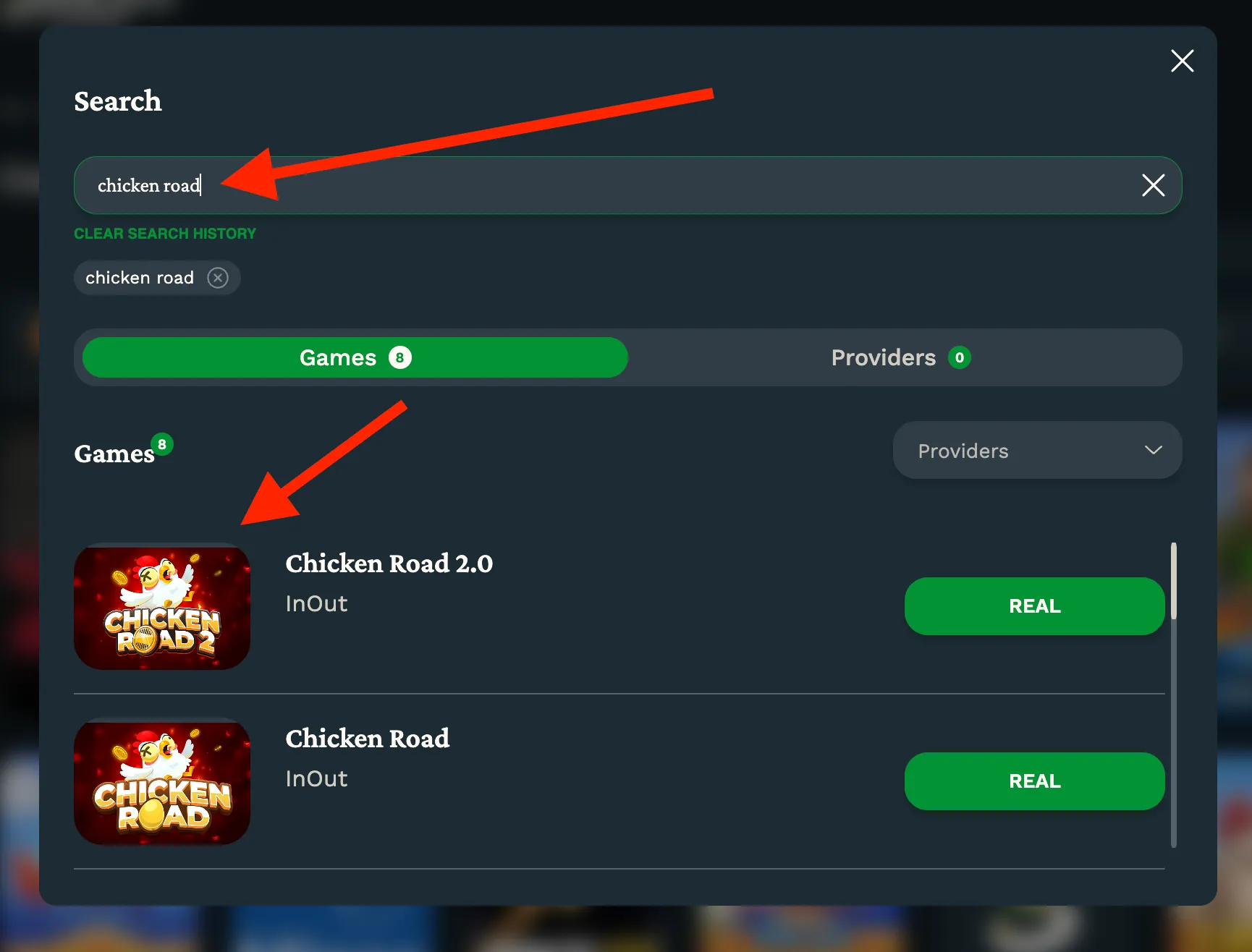 Sikkaro Casino search results for chicken road showing Chicken Road 2.0 and Chicken Road by InOut.