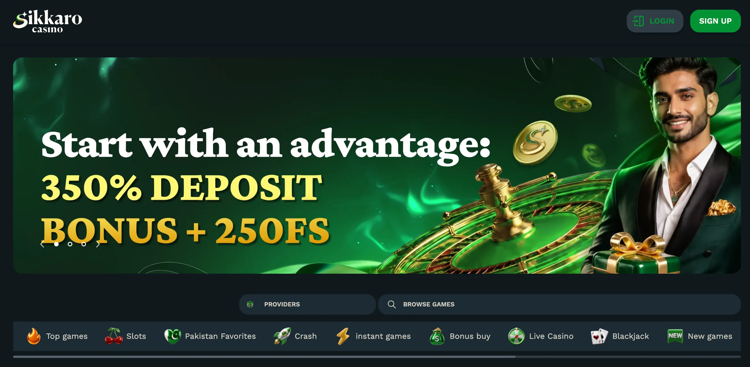 Sikkaro Casino Pakistan homepage banner showing 350% deposit bonus and 250 free spins.