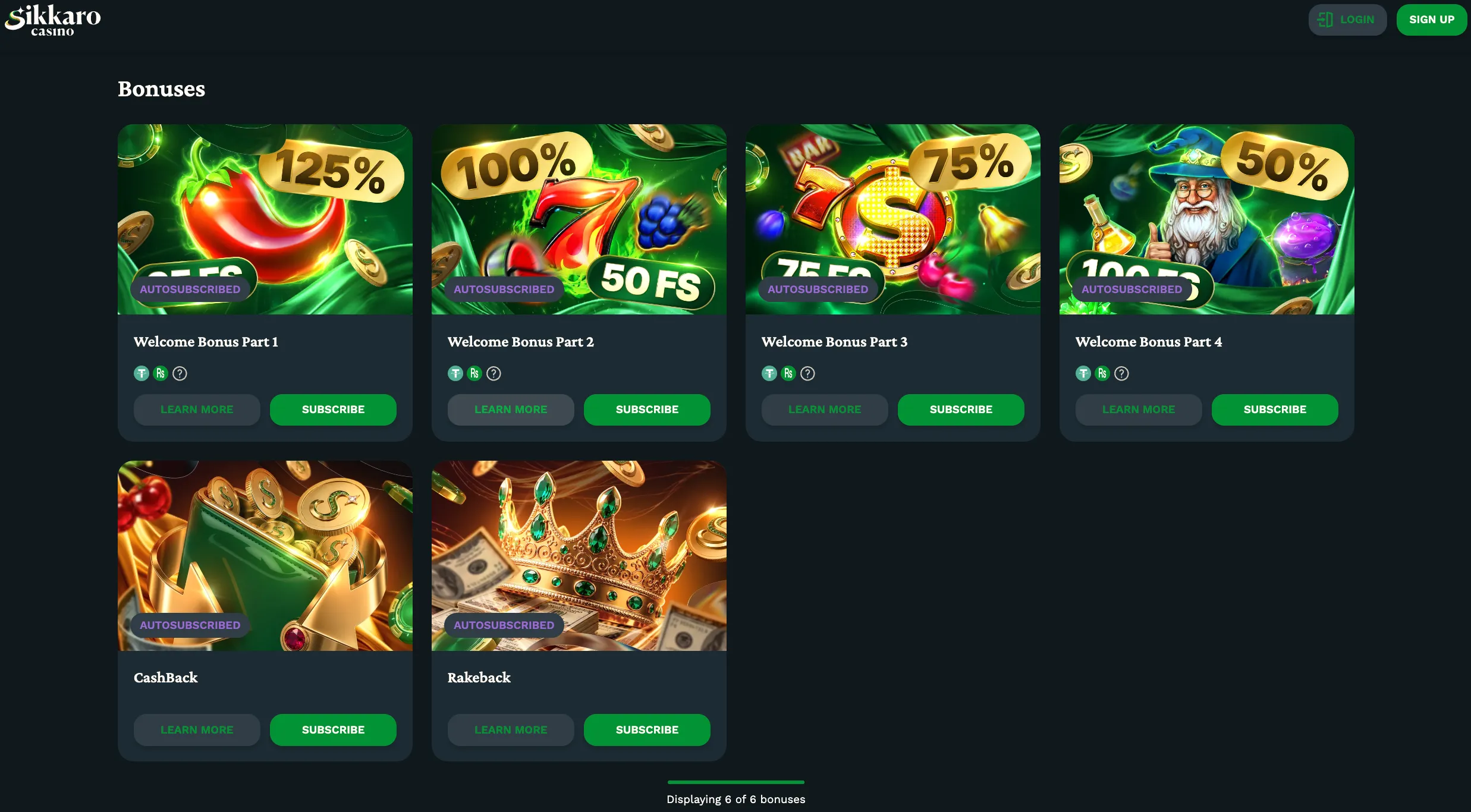Sikkaro Casino bonuses page with four welcome parts, cashback, and rakeback cards in PKR and USDT.