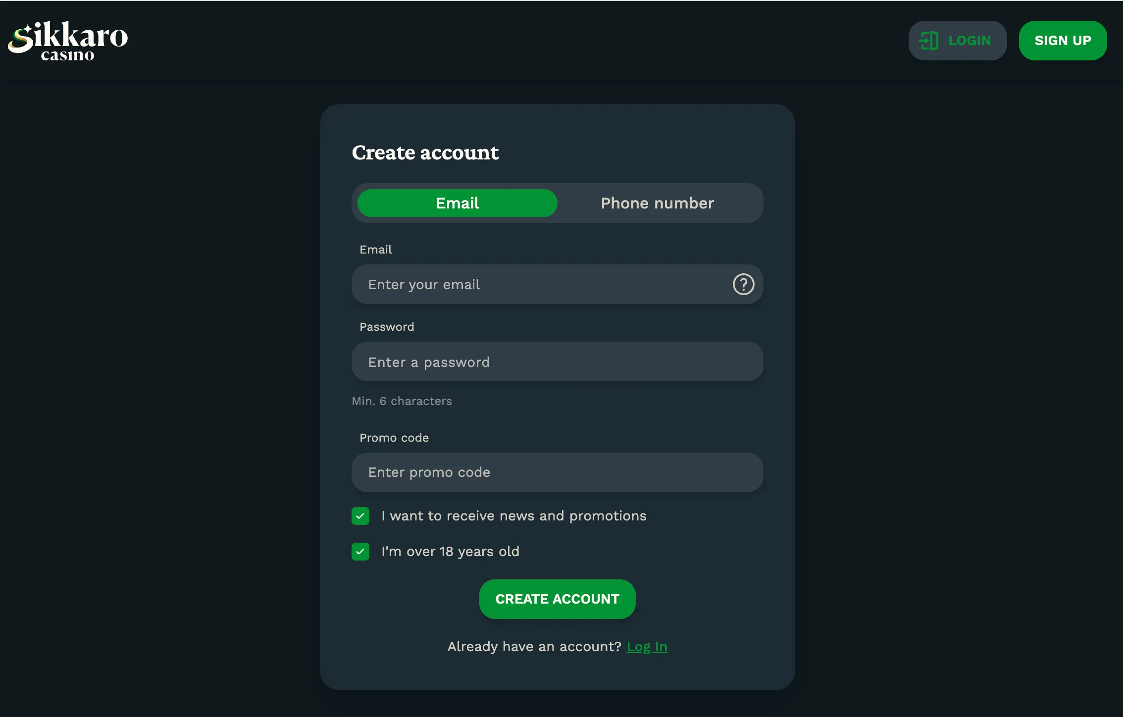 Sikkaro Casino registration form with email, password, and promo code fields.