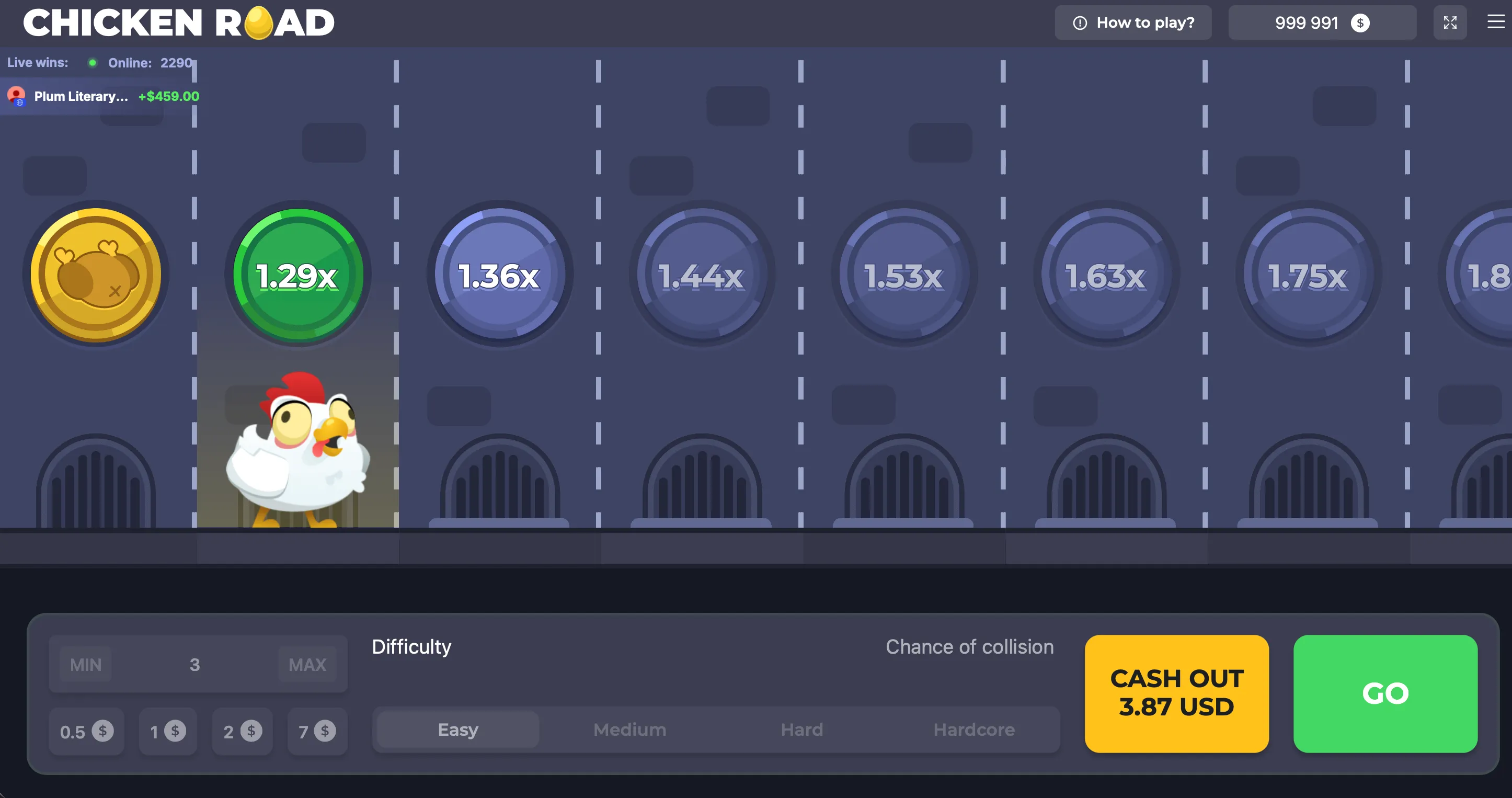 Chicken Road gameplay interface with active multiplier and road obstacles