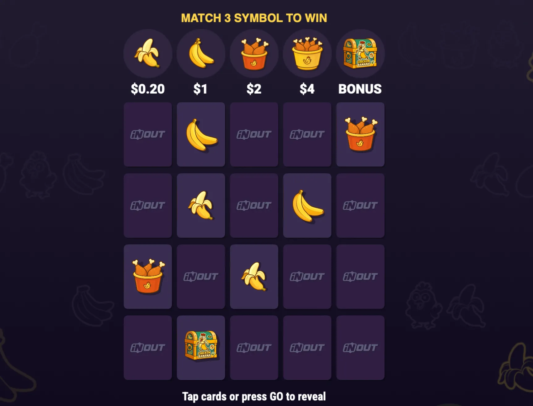 Chicken Banana game screen showing a 4x5 grid and symbols like bananas and fried chicken buckets.
