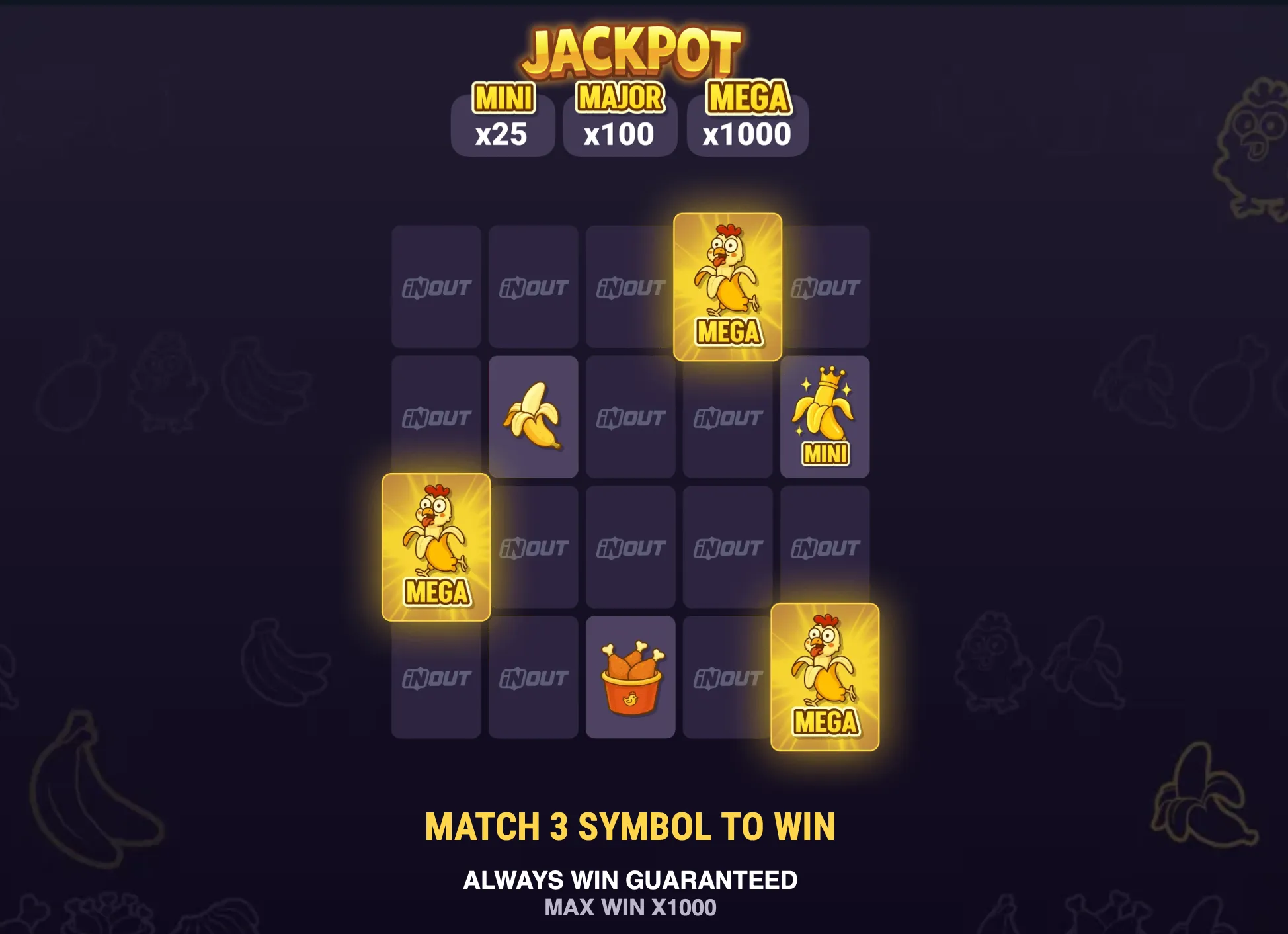 Chicken Banana Jackpot screen showing Mini, Major, and Mega multipliers.
