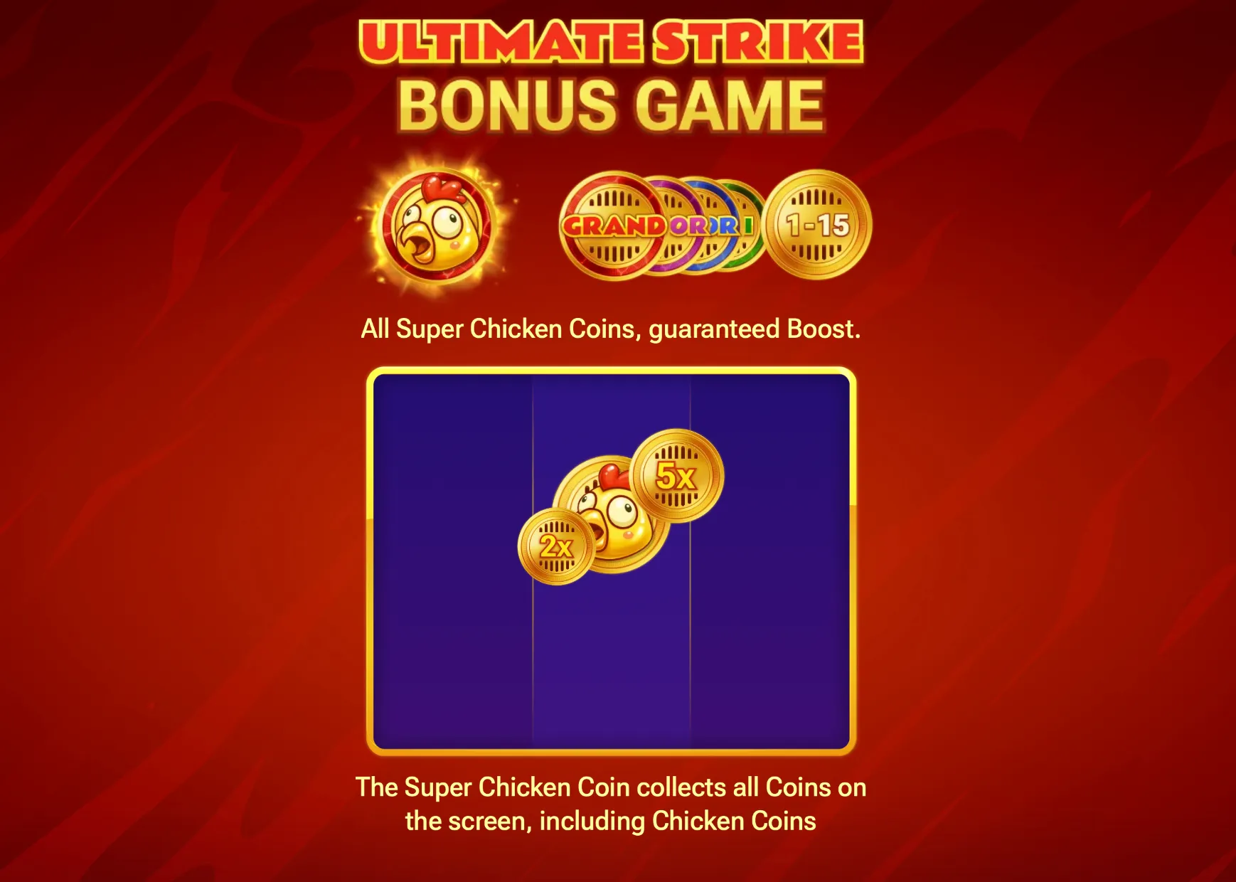 Chicken Coin bonus game explanation showing Super Chicken Coin and Boost mechanics.