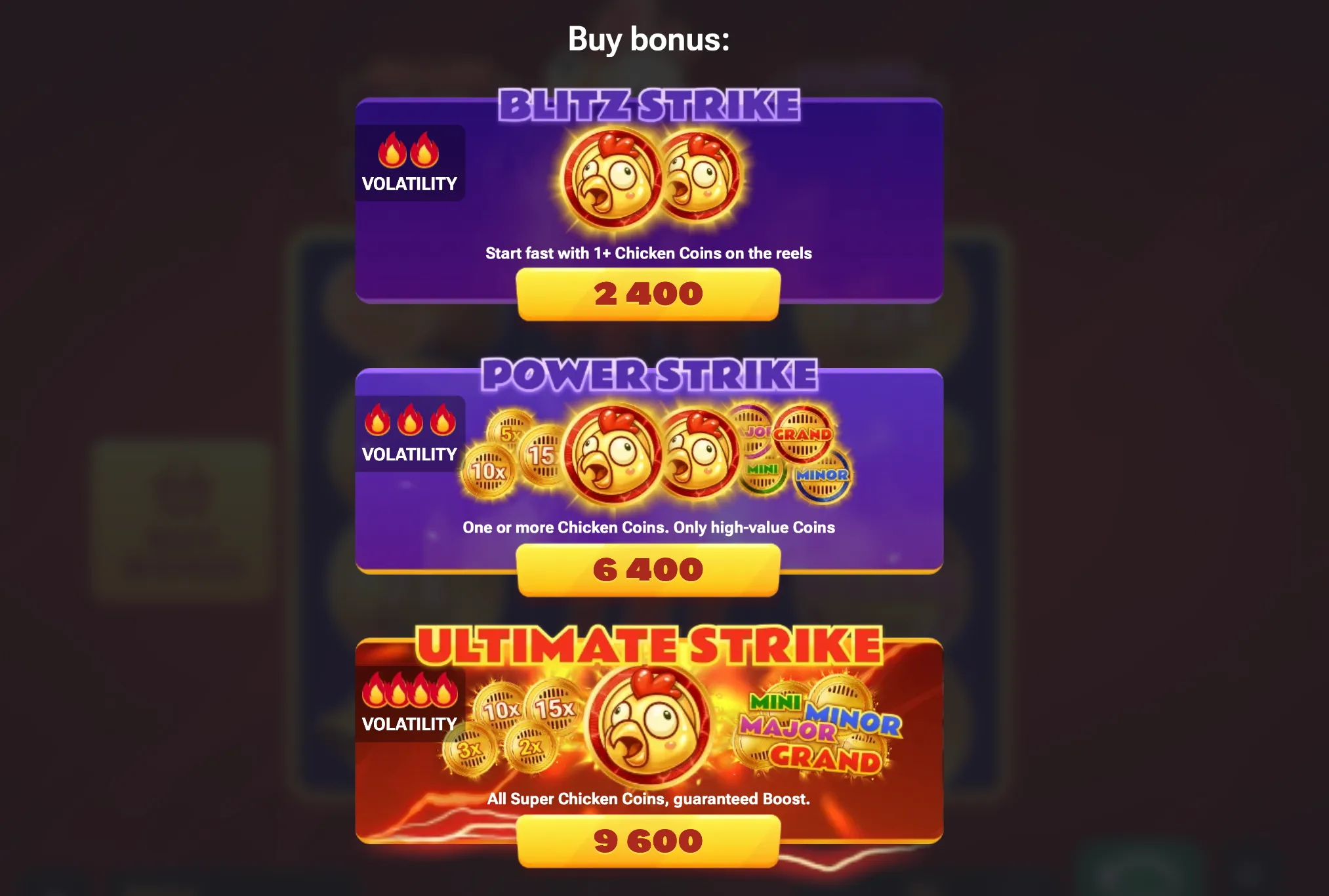 Chicken Coin buy bonus menu with Blitz, Power, and Ultimate Strike options.