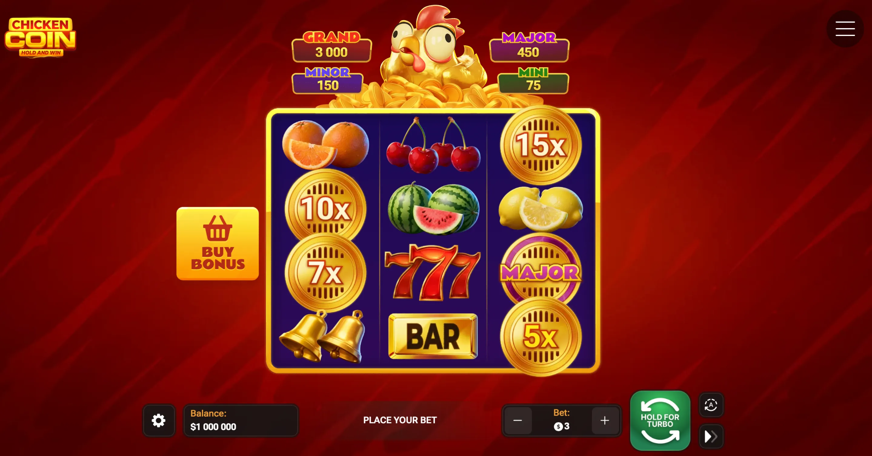 Chicken Coin game main slot screen with 3x3 reels, fruits, and jackpot values.