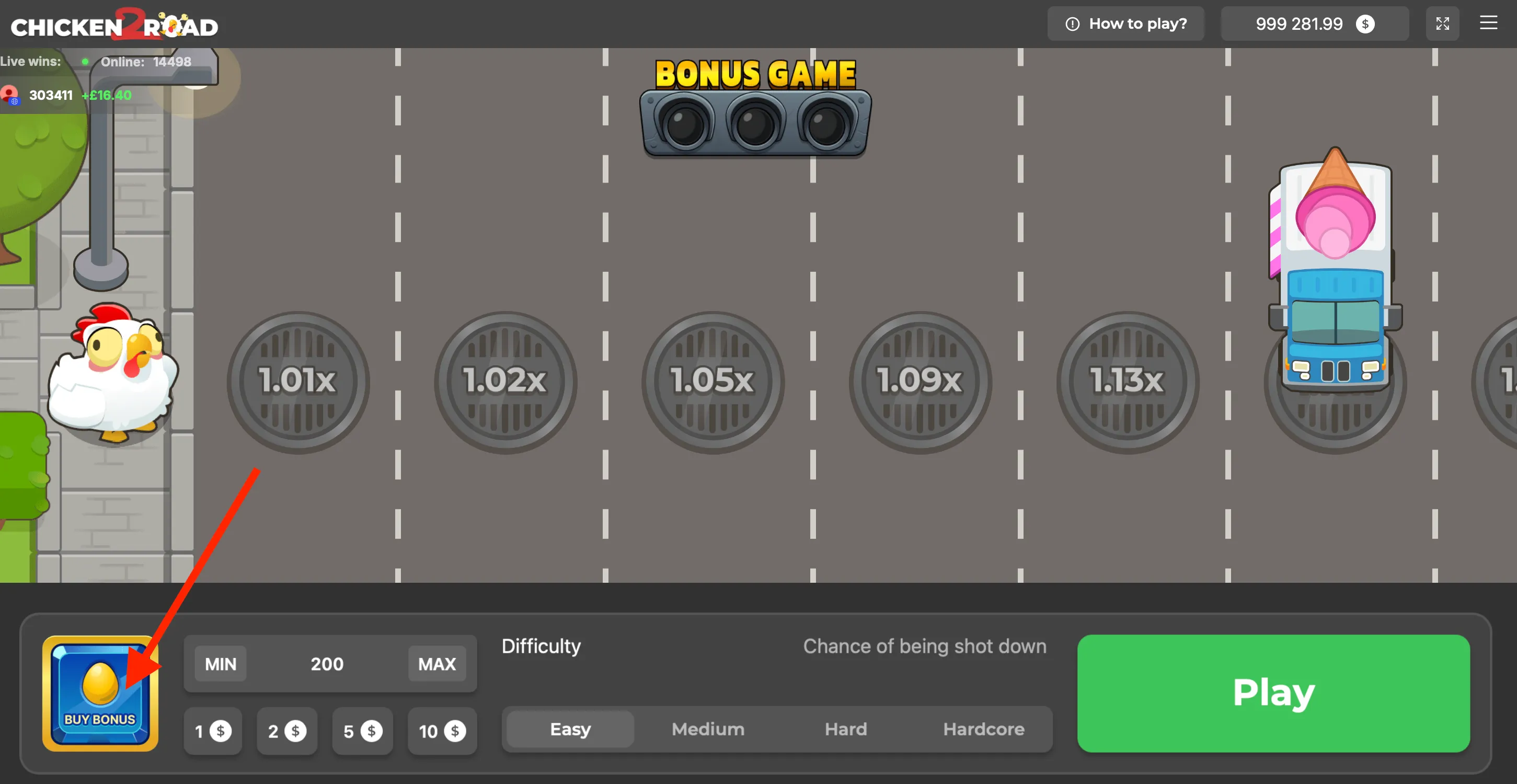 Chicken Road 2 Bonus gameplay showing the murgi on a road with cars and multipliers.