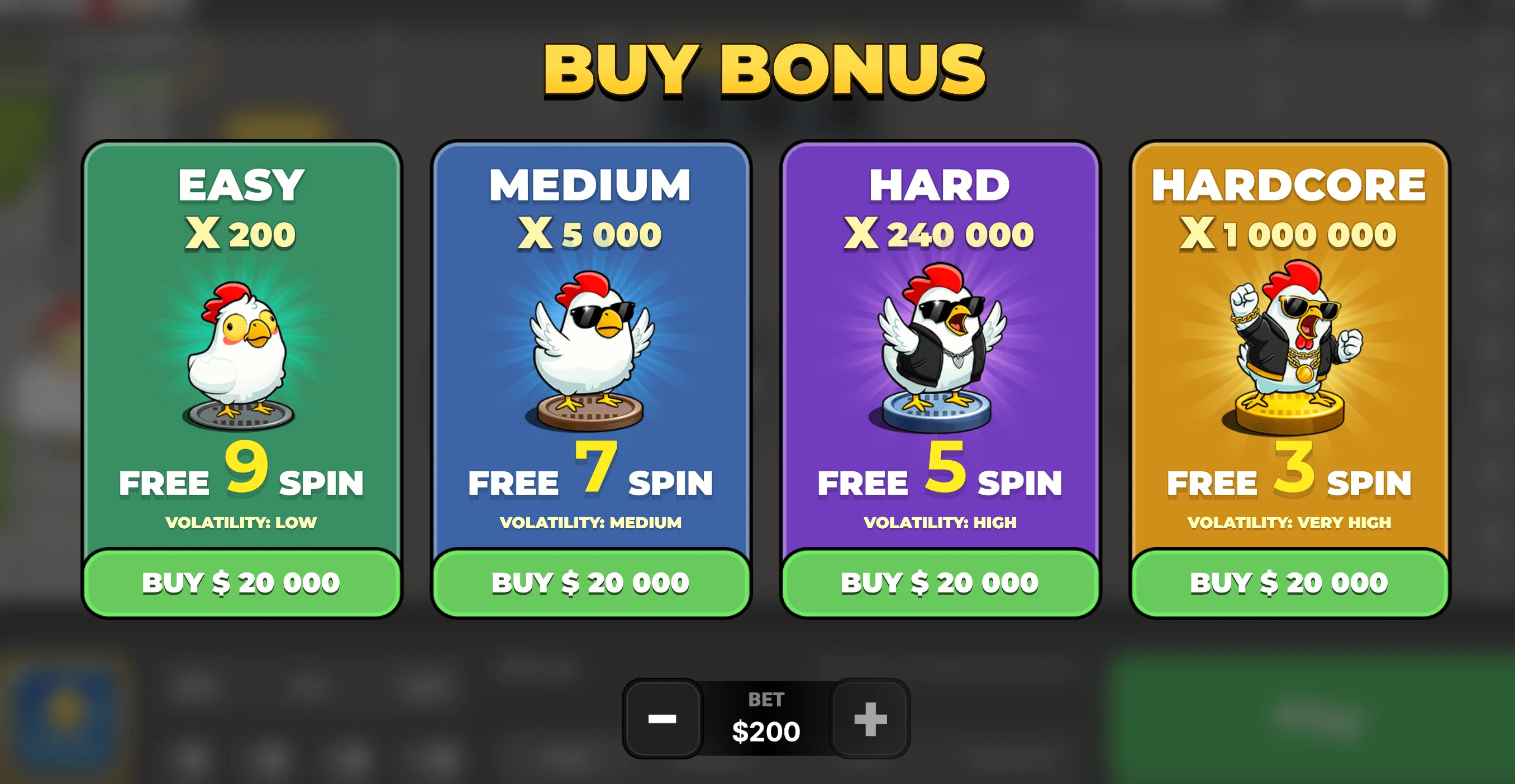 Buy Bonus menu in Chicken Road 2 with prices and max multipliers like 1,000,000x.