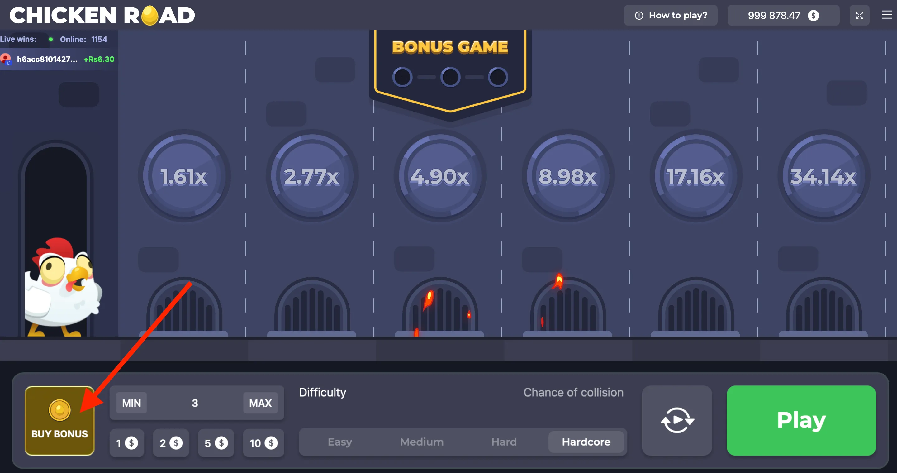 Chicken Road game screen showing the murgi and multipliers like 1.61x and 2.77x.