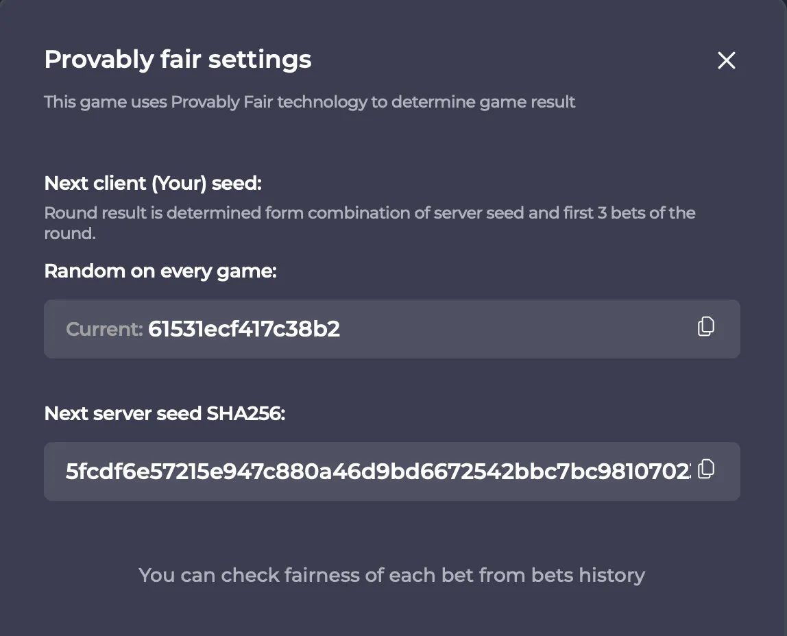 Chicken Road Provably Fair settings showing server seed SHA256 and client seed.