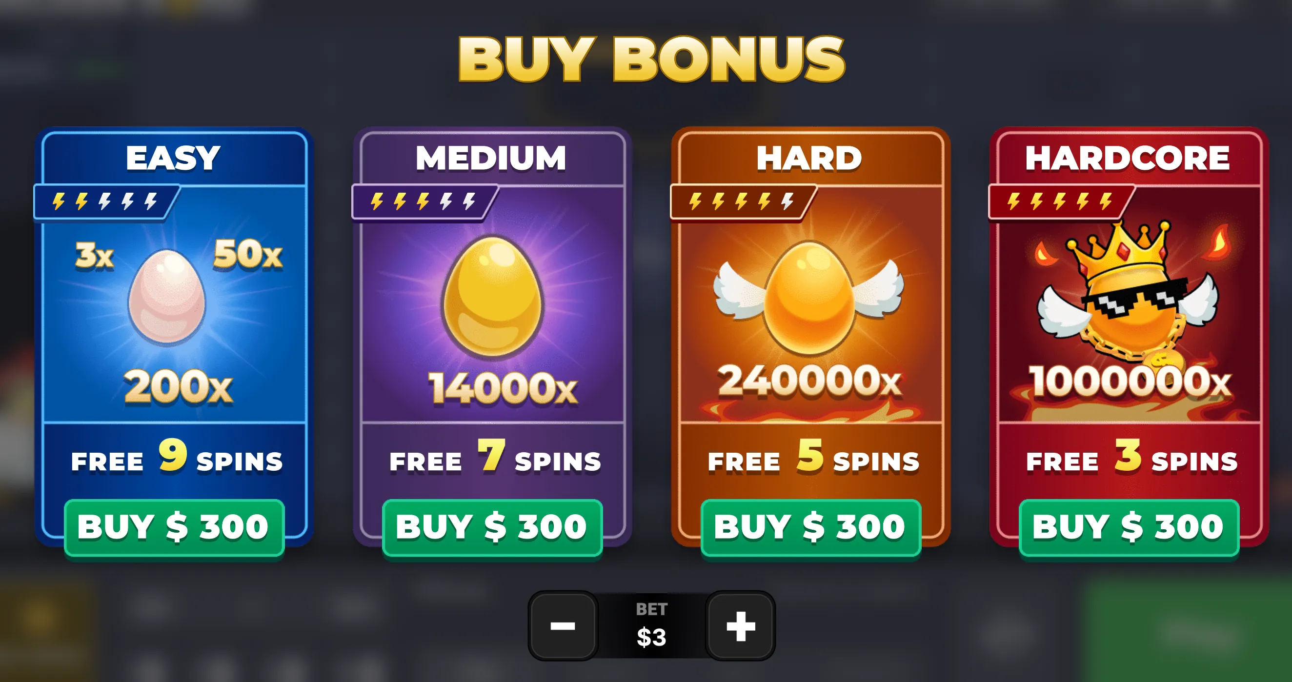 Chicken Road Buy Bonus menu with Easy, Medium, Hard, and Hardcore options for 300 USD.