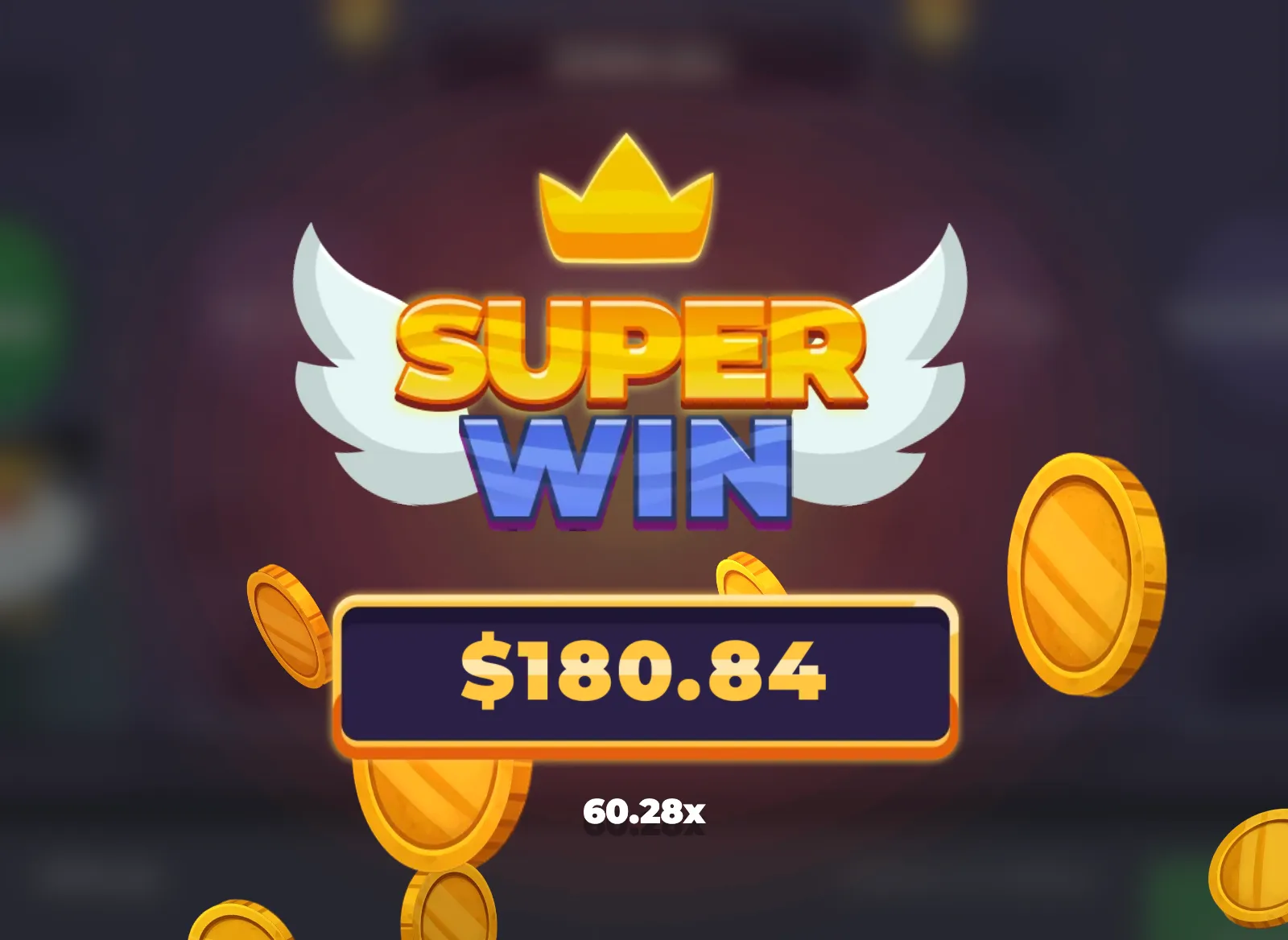Chicken Road Super Win screen with a 60.28x multiplier and $180.84 win.