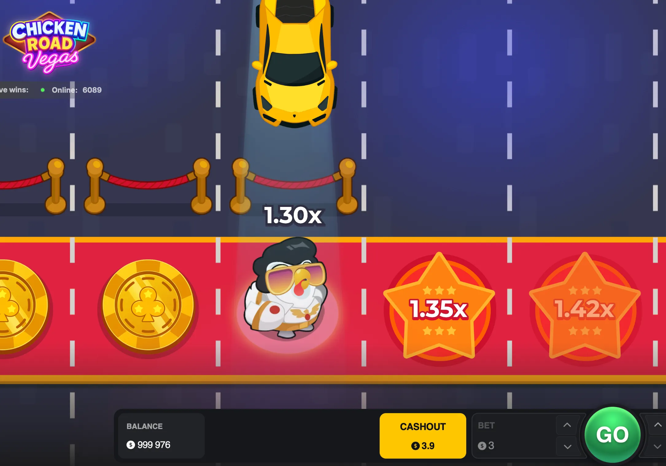 Chicken Road Vegas gameplay with 1.30x multiplier and yellow car obstacle.