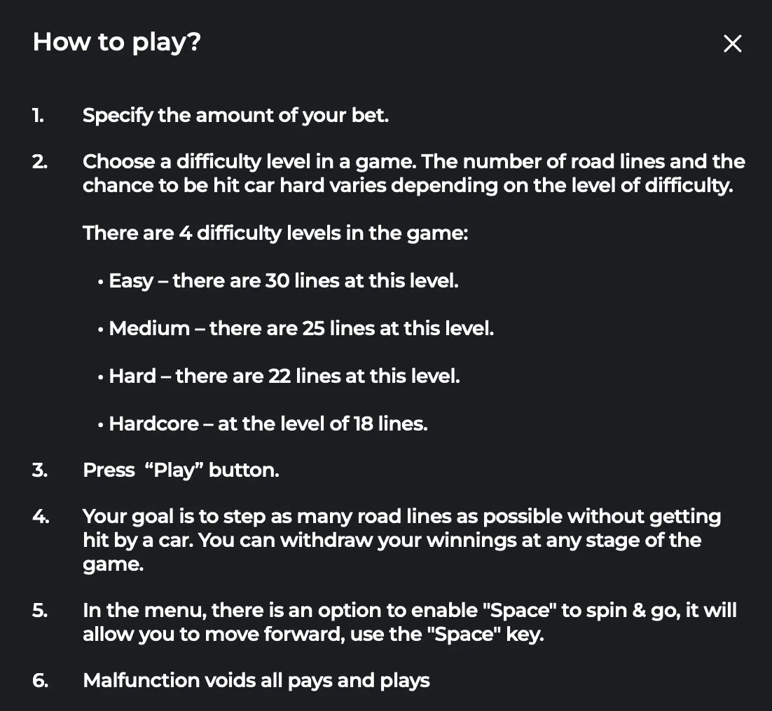 Chicken Road Vegas rules menu showing 4 difficulty levels.