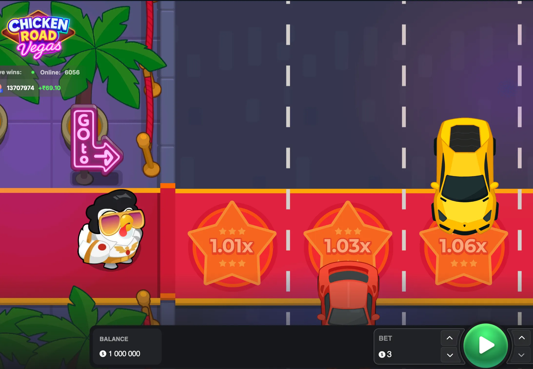 Chicken Road Vegas game start screen with Elvis murgi and neon signs.