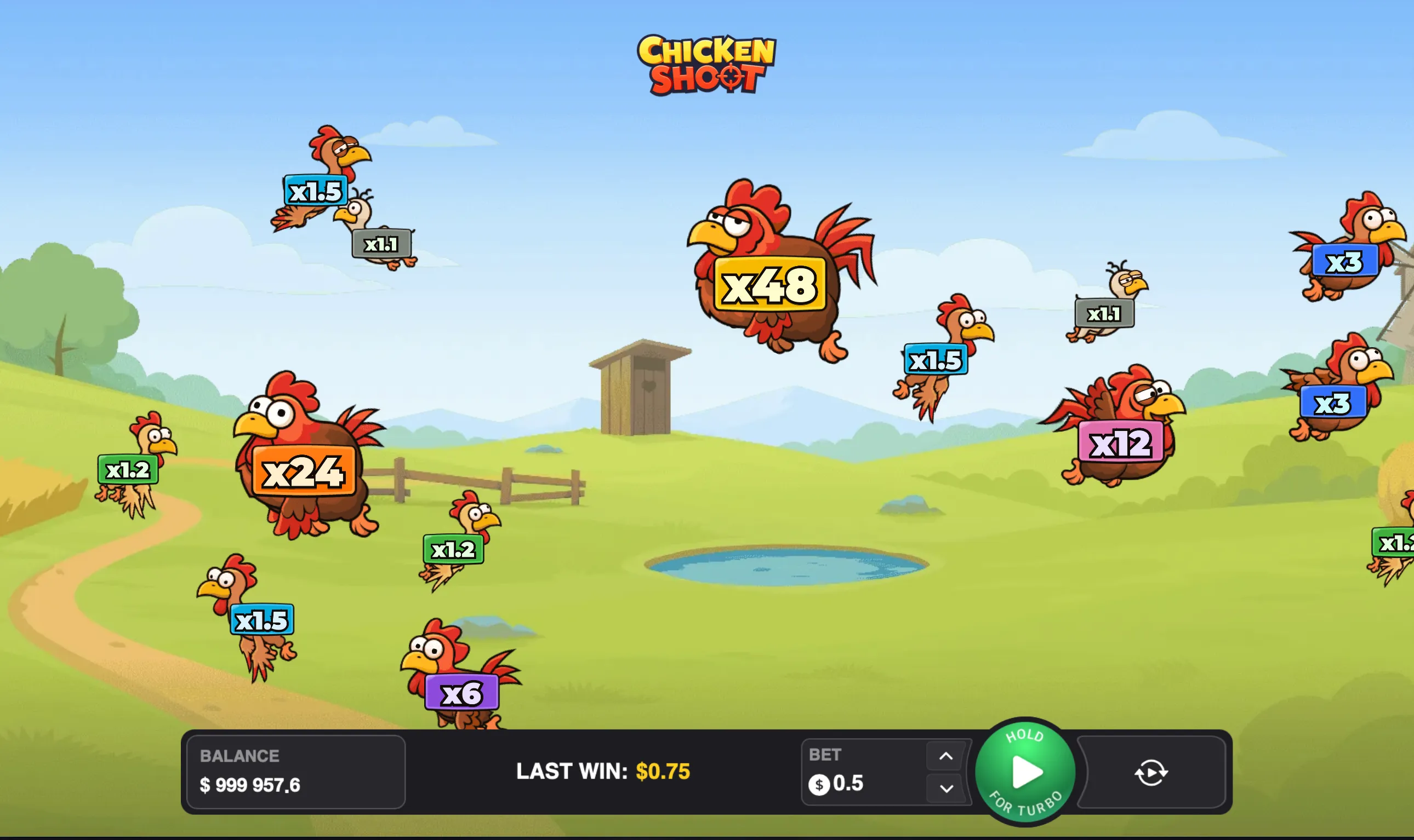Chicken Shoot online game screen showing multiple flying murgi targets with multipliers.