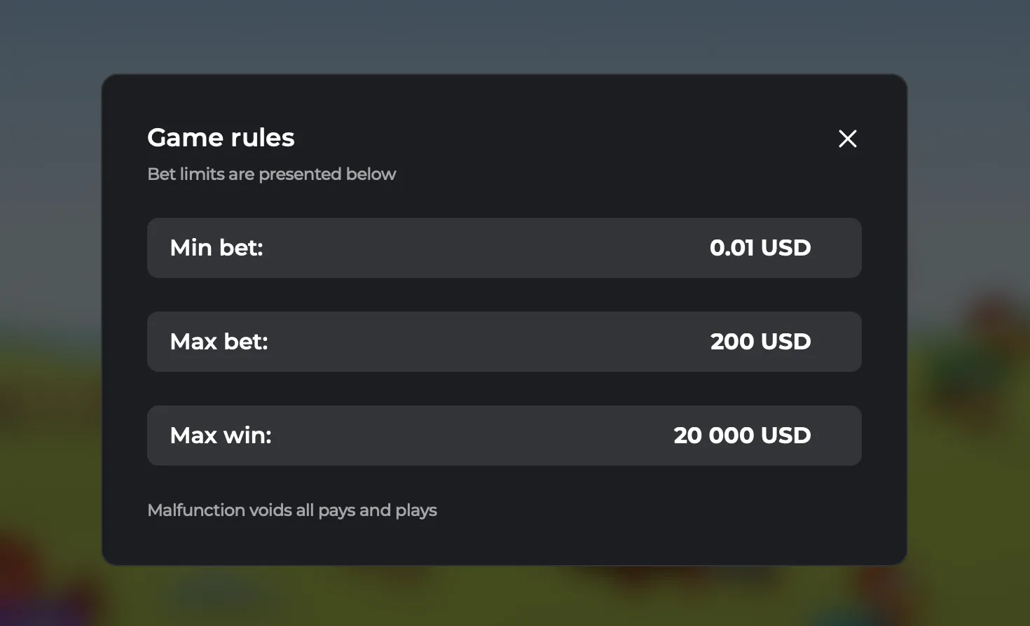 Chicken Shoot game rules showing min bet 0.01 USD and max win 20,000 USD.