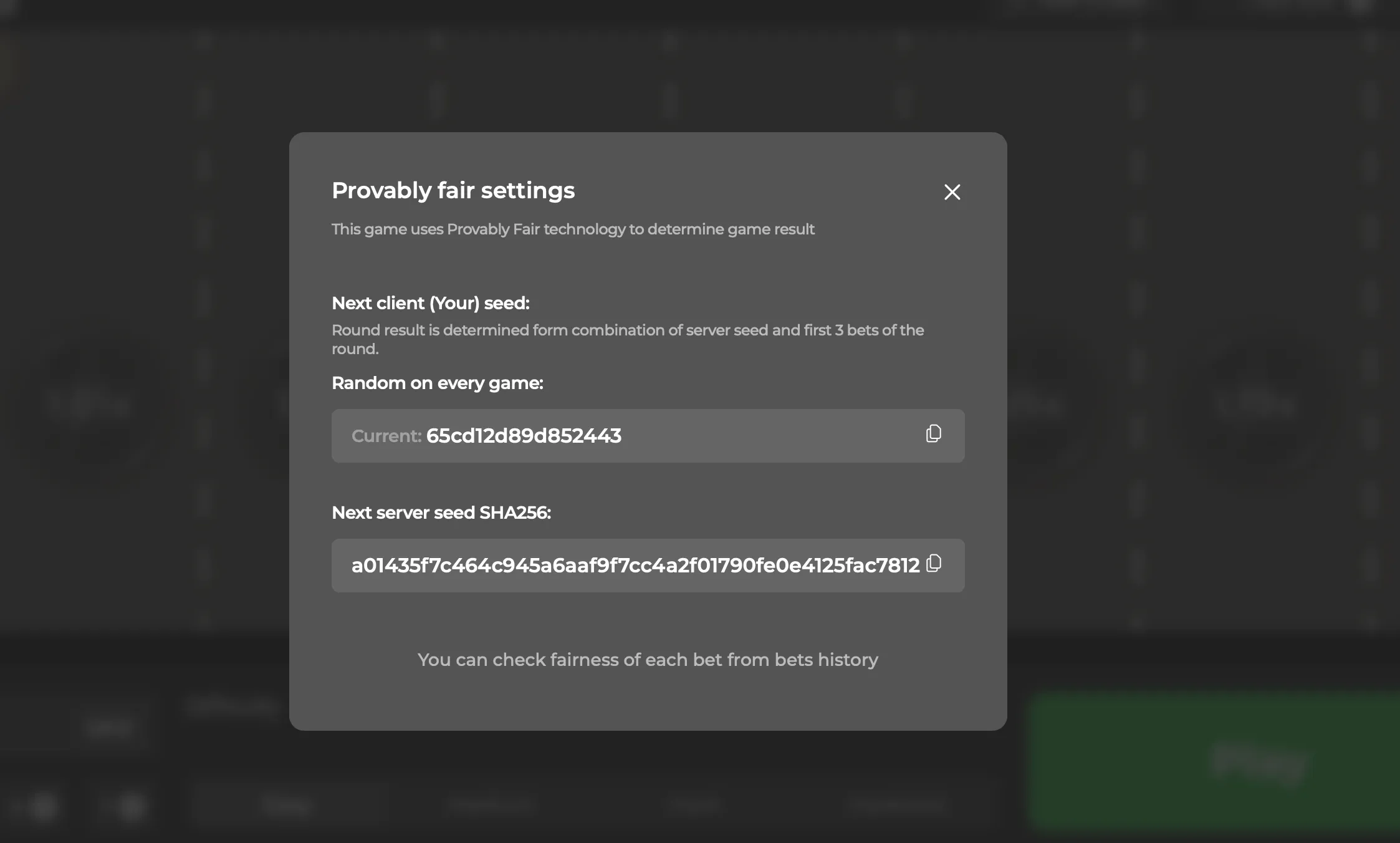 Provably Fair verification screen in Chicken Road game.